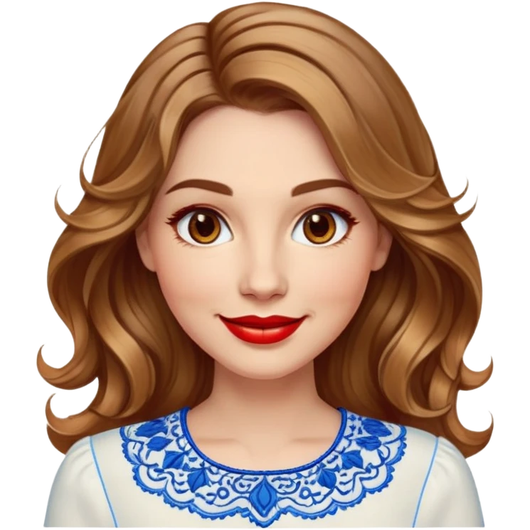 Friendly woman in her late 30s with luminous fair skin, round face, wide smile, large light brown eyes, vibrant red lips, shoulder-length dark blonde wavy hair with highlights, wearing white blouse with blue embroidery and electric blue neckline emoji