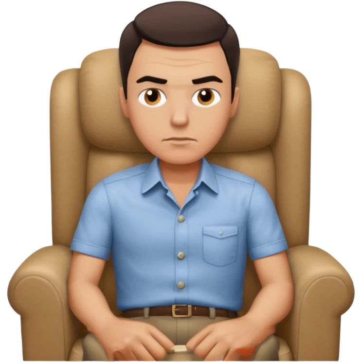 мужчина в мягком кресле, брови нахмурены, он напряжен emoji