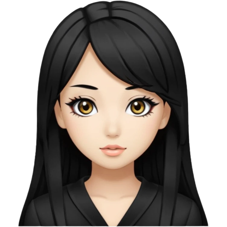 Hime gyaru girl, medium-long, straight black hair, black slanted eyes and thin black eyebrows, gyaru makeup, emoji