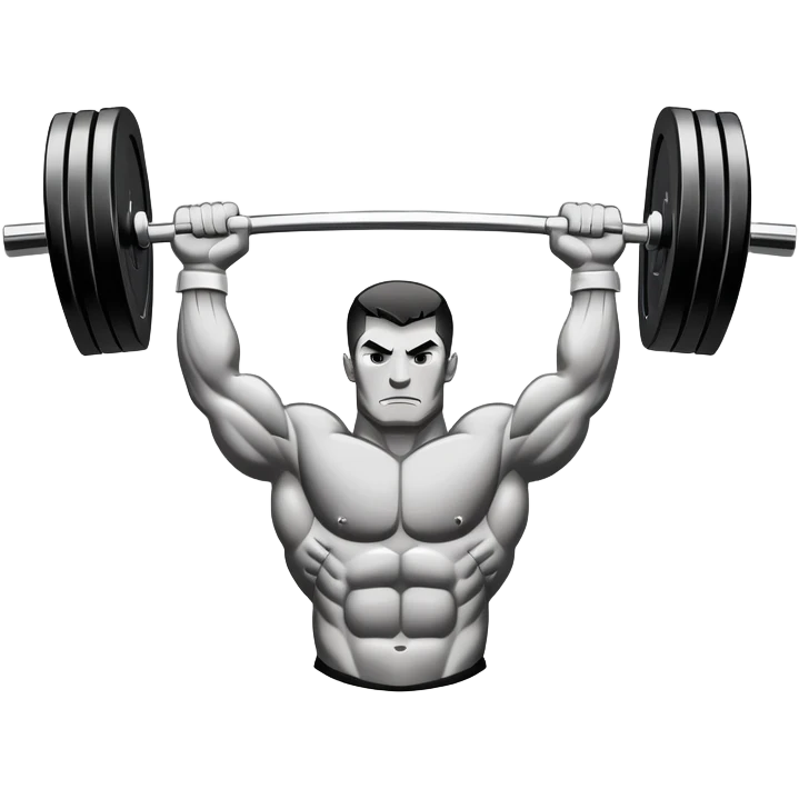 Powerlifting emblem featuring a stylized barbell with heavy weights on each side, flanked by muscular arms gripping the bar. The design is bold and dynamic, symbolizing strength and determination. The background is minimal, focusing on the emblem itself, with a sleek and professional look.  emoji