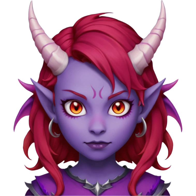 Demon Girl Purple Skin Dragon Horns Black Eyes Red Glowing Pupils Auburn Haired Red Shirt  emoji