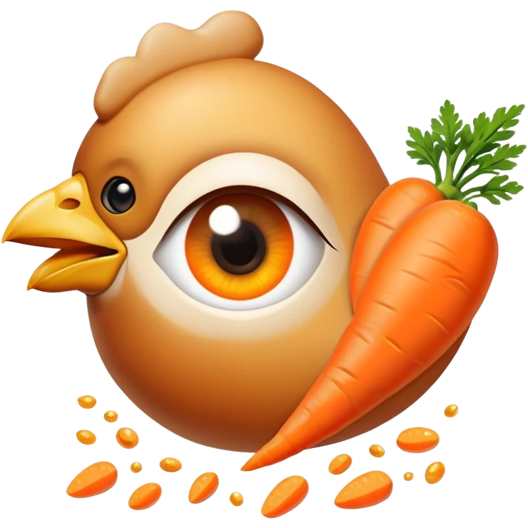 Chicken pieces and bright orange carrots with soft golden particles flowing toward a normal-looking eye and smooth skin. The design shows how vitamin A from both animal and plant sources contributes to eye and skin health in a friendly, non-threatening way. emoji