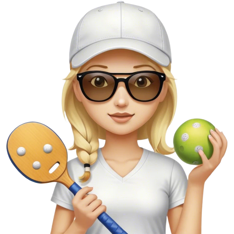 Girl with blond hair in a ponytail wearing sunglasses and a white baseball cap holding a pickleball emoji