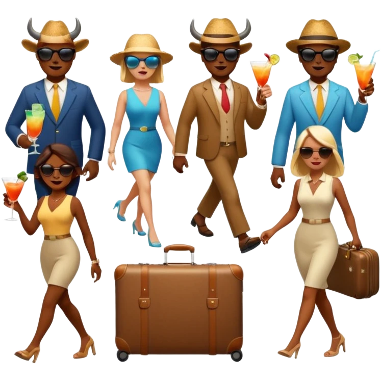 generate an emoji of a group of up to 8 male and female bulls travelling together on holidays. One bull has a suitcase, one has sunglasses, one is carrying a cocktail. They're all in motion, walking together emoji