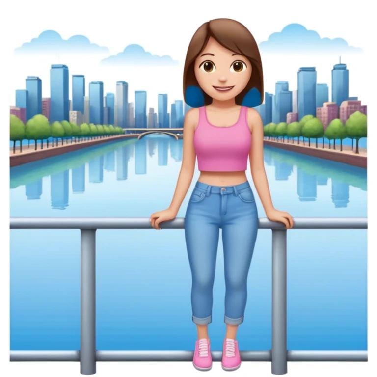 smiling emoji-style woman with straight brown hair, wearing a pink crop top and light blue jeans, leaning casually on a railing with a city and water background, under a blue sky emoji