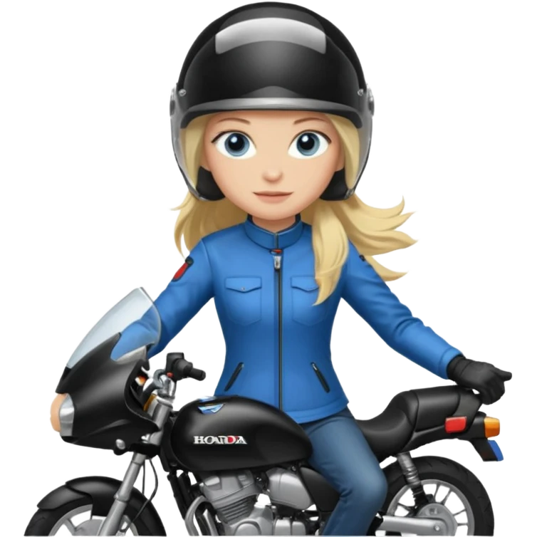 moça loira de cabelo comprido e olhos azuis com capacete em moto honda 150 preta em cima da moto emoji