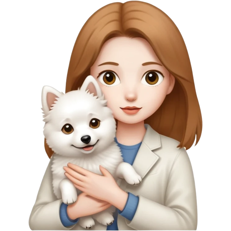 light brown hair girl with pale skin holding a white Japanese spitz dog emoji