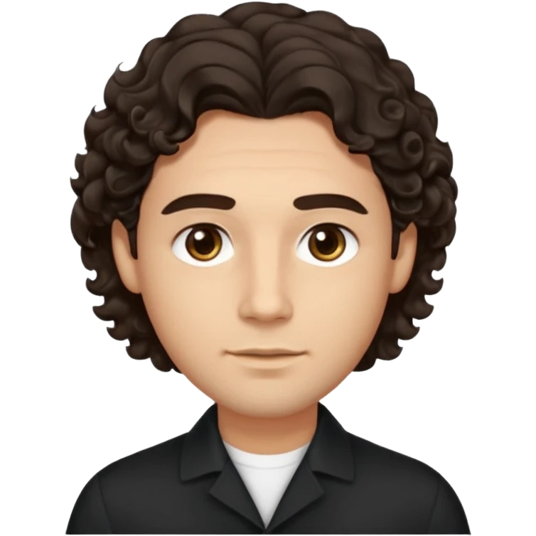 He’s a man with light to medium skin, a defined oval face, full brows, deep-set eyes, and voluminous wavy to curly dark brown hair styled with height. expression calm and focused relaxed black open-collar shirt.polished, articulate, and professional vibe. emoji