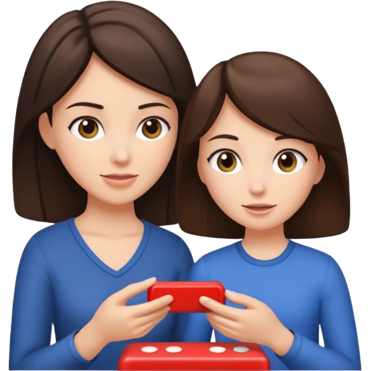 мама брюнетка и дочка брюнетка играют в игру emoji