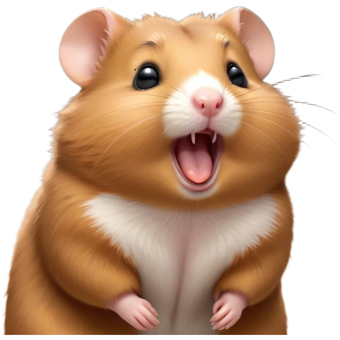 Cinematic Cute Yawning Brown Hamster Portrait Emoji, Head tilted slightly with a dramatic, wide-open yawn, showcasing a smooth, rich brown fur with tiny droopy ears, round dark eyes barely open in drowsy contentment, Simplified yet irresistibly adorable features, highly detailed, glowing with a soft, cozy glow, high shine, relaxed yet expressive, stylized with a touch of whimsy, bright and endearing, soft glowing outline, capturing the essence of a sleepy yet affectionate hamster, so drowsy it feels like it could stretch out of the screen and curl up for a nap! emoji