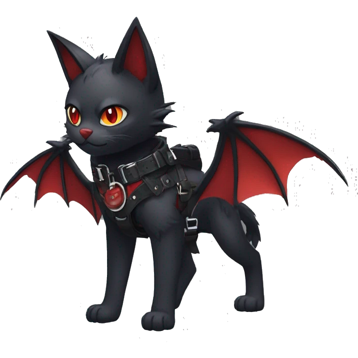 cool edgy black punk red ethereal fantasy nargacuga-bat-cat-Fakemon collar harness full body emoji