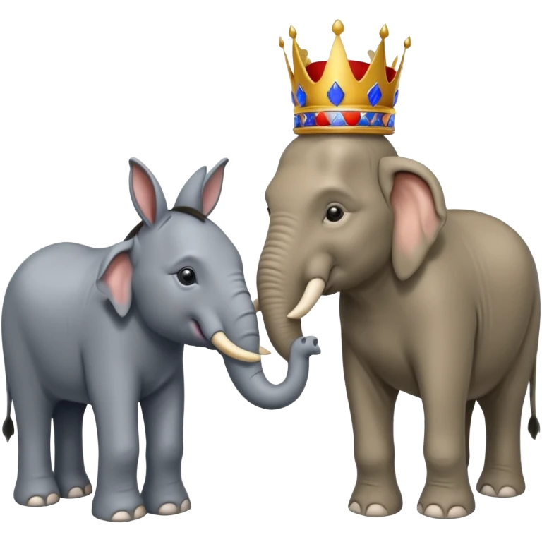 Democratic Party elephant facing Republican Party donkey with King Trump inbetween emoji