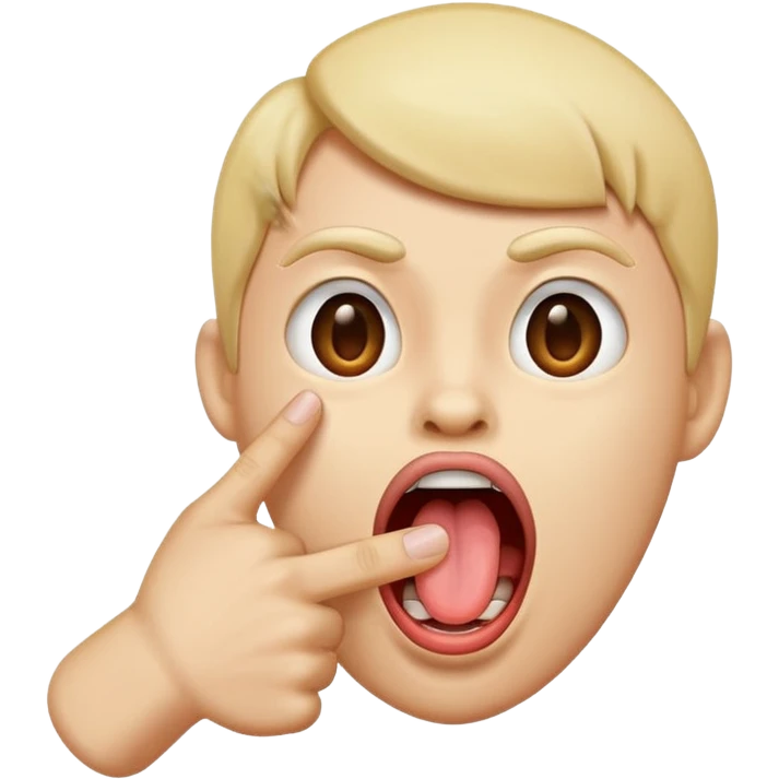 A finger pointing at an open mouth with the tongue out to indicate hungry emoji
