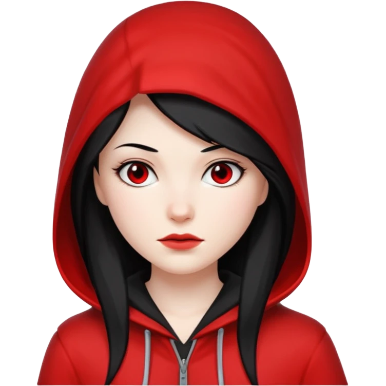 white girl, straight black hair with a white streak, red hood emoji