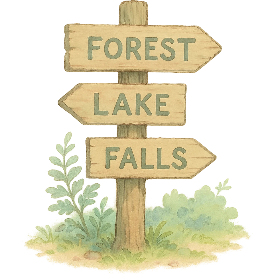 tiny wooden signpost with forest directions, soft pastel colors, ghibli style illustration emoji