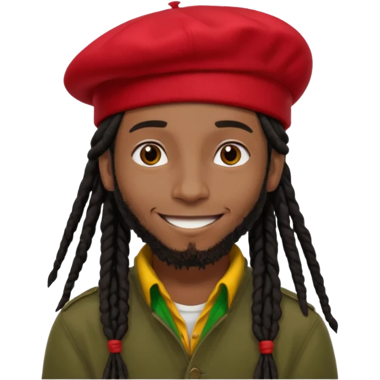 young Black man with long black dreadlocks tied back, wearing a red beret, reggae style, smiling emoji