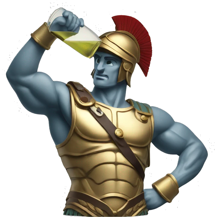 Ancient Greek soldier drinking white wine while flexing muscles emoji