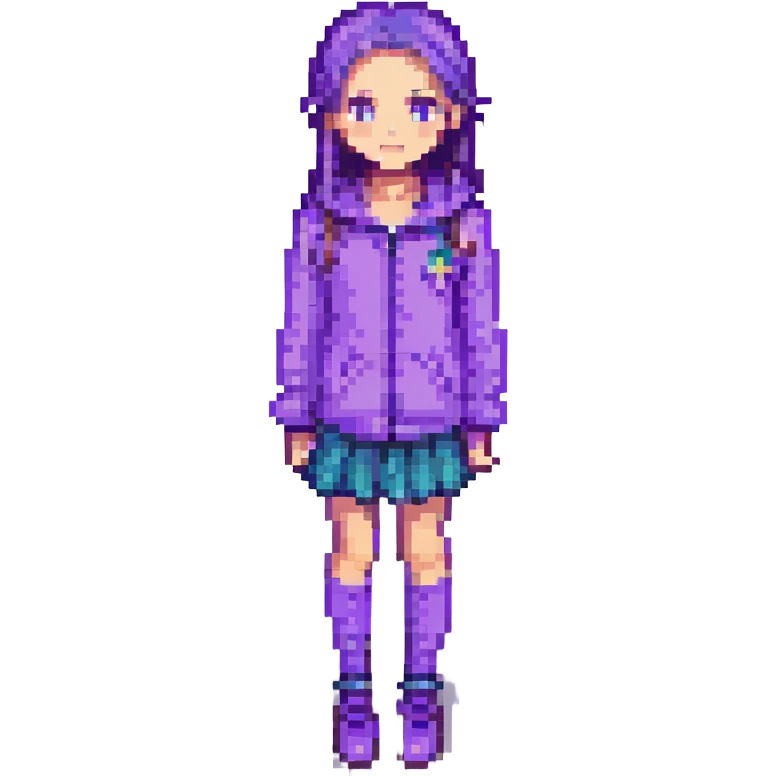 Change the girl's clothes to purple, keep the pixel art style, with no background. emoji