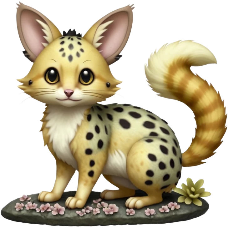 Hyper realistic  lichen-grey fur peppered with glowing fungus dots and damp stone tones beautiful elegant pretty precious cute  Fakémon-Pokémon-opossum-feline-serval-caracal-chinchilla-Furret-Minccino-hybrid-creature with a big fluffy bushy tail (full body) emoji