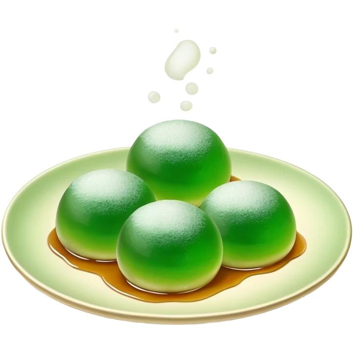 four green spherical warabi mochi on the plate emoji