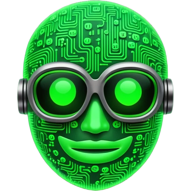 Cyberpunk emoji formed from cascading green Matrix symbols, neon glow, dark futuristic background, smooth rounded design, 3D style, high contrast, cinematic lighting. emoji