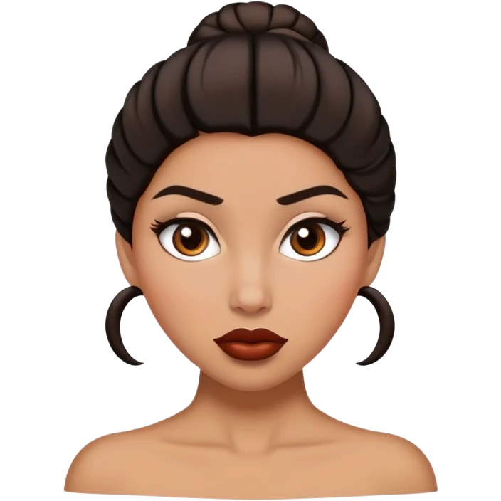 Une femme noir avec un chignon haut et les cheveux sont bruns avec un œil marron et un œil marron très très claire et une grosse bouche emoji