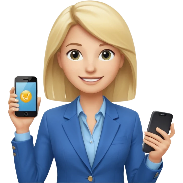 Confident and outgoing female entrepreneur, Caucasian features, shoulder-length blonde hair, big friendly smile, expressive eyes, wearing a blue blazer over a light blue blouse, holding a smartphone in one hand, waist-up, front-facing emoji