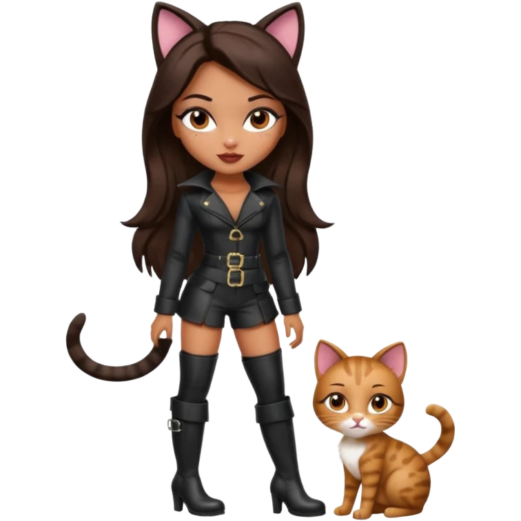 A sexy, super pretty bratz girl with caramel skin. Dark brown hair and brown eyes. She has freckles. Wearing sexy makeup. Dressed as a sexy cat with tall black boots on emoji