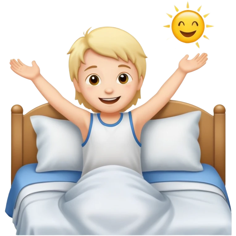 a child happily getting out of bed in the morning, bright and friendly emoji