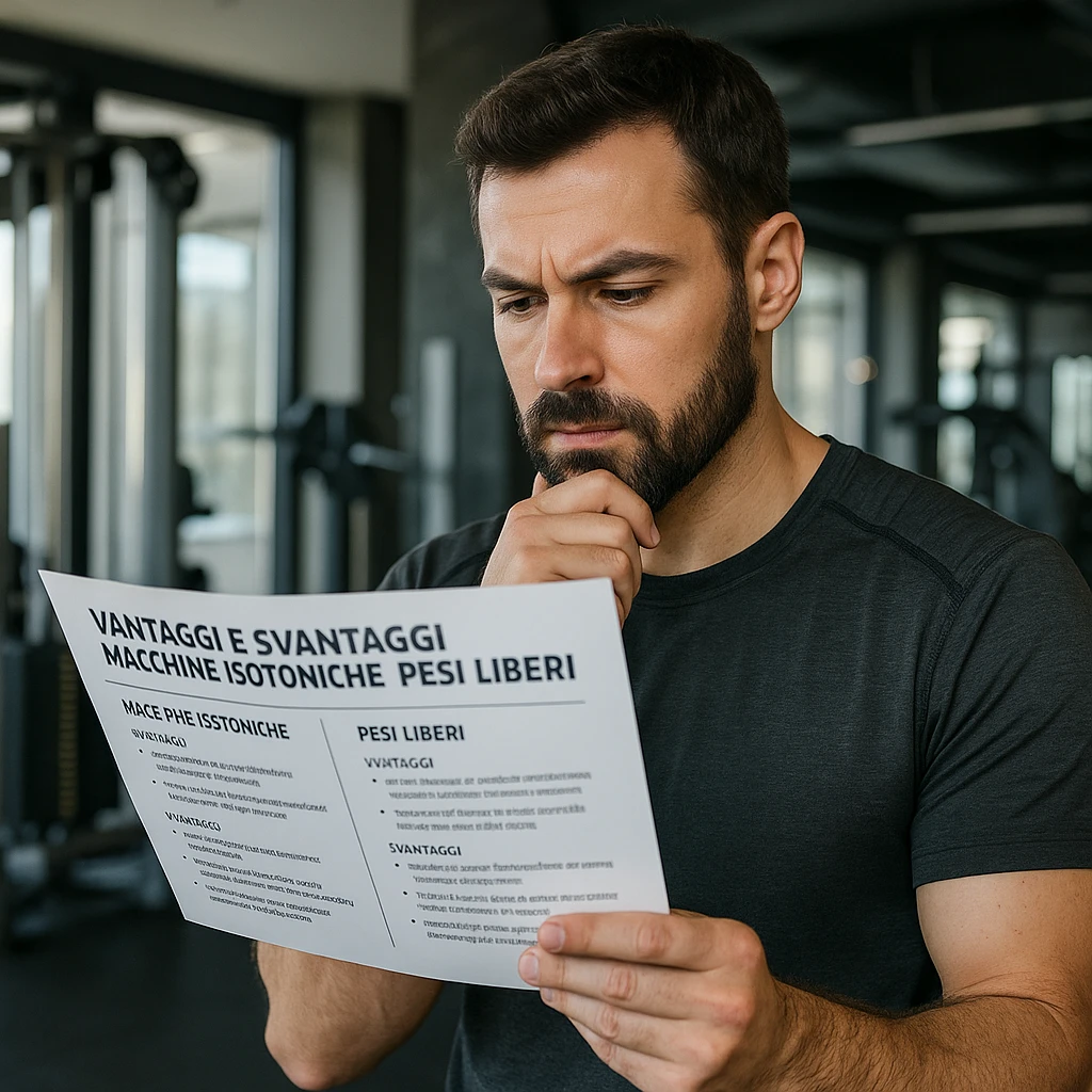 Realistic detailed scene of an adult man in a modern gym holding an informative brochure with Italian text about advantages and disadvantages of isotonic machines and free weights, reflective expression, 4K quality. emoji