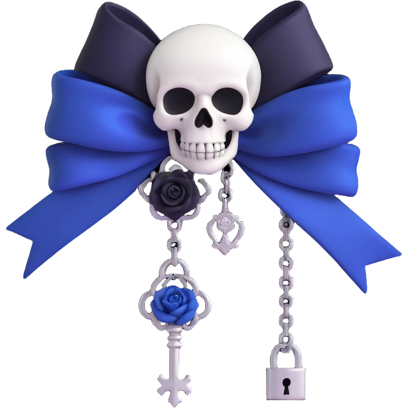 gothic bow with midnight blue velvet, silver skull charm, black rose center, and small chained lock accessory, elegant and gothic emoji