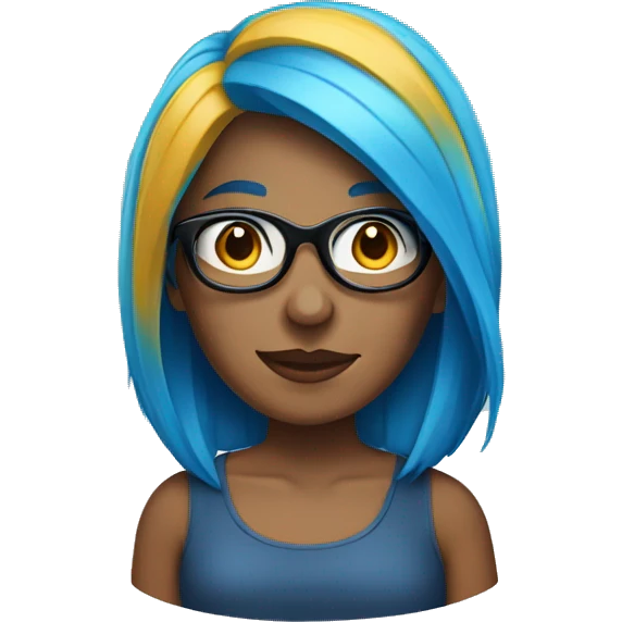 A woman with blue hair and square grey glases emoji