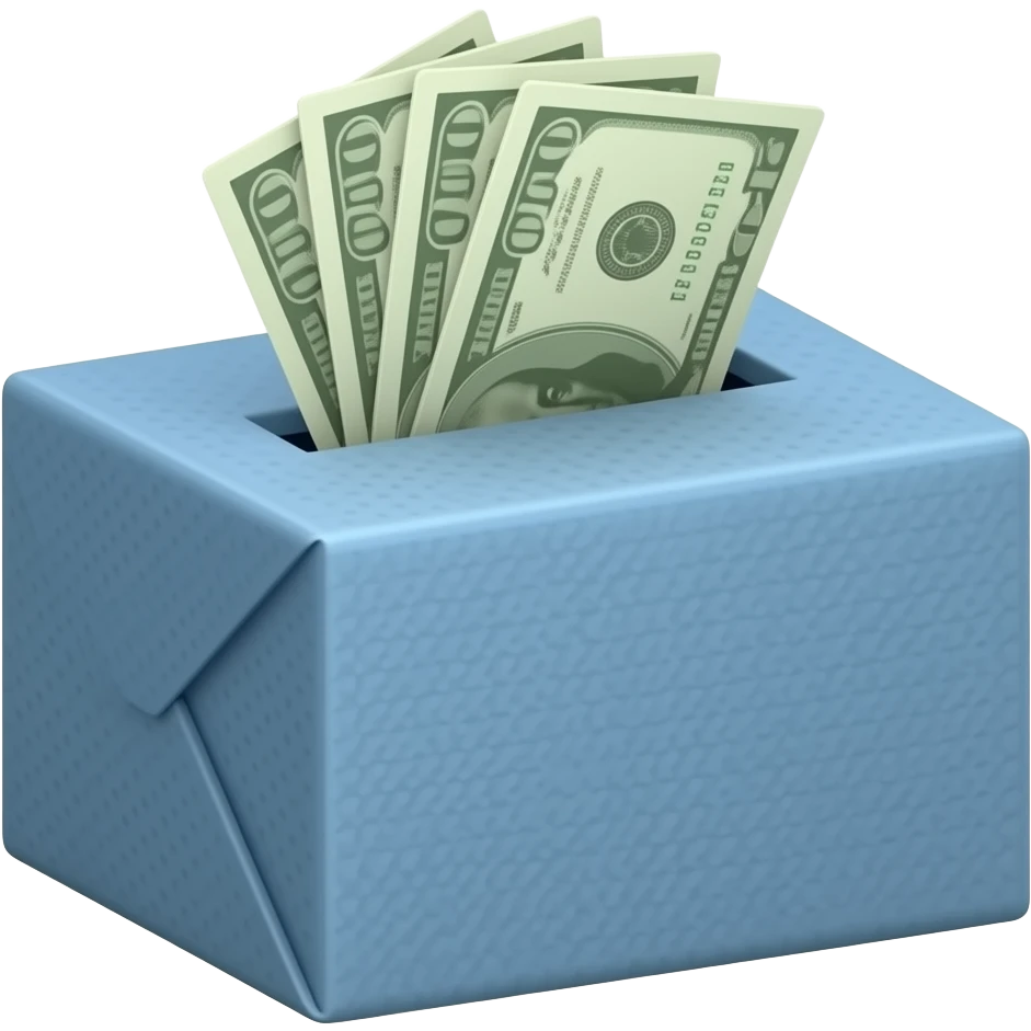 A basic blue box with multiple Cash notes sticking out of a slit at the top emoji