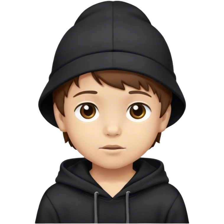 Light skin little boy with a black hat on his head and wearing a black hoodie with brown hair emoji