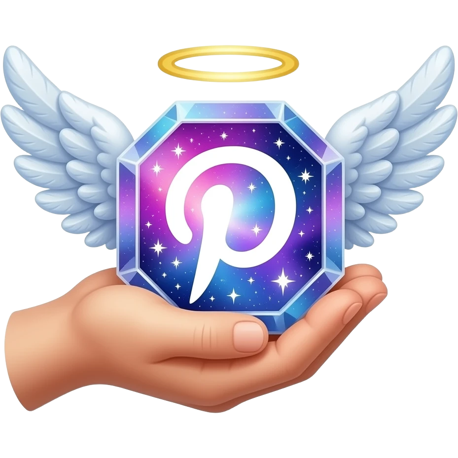 An ethereal angel hand made of starlight holding a crystalline Pinterest logo. Text below: 'PHOTOGRAPHY?'. Glowing nebula colors, isolated on white, bold 3D icon emoji