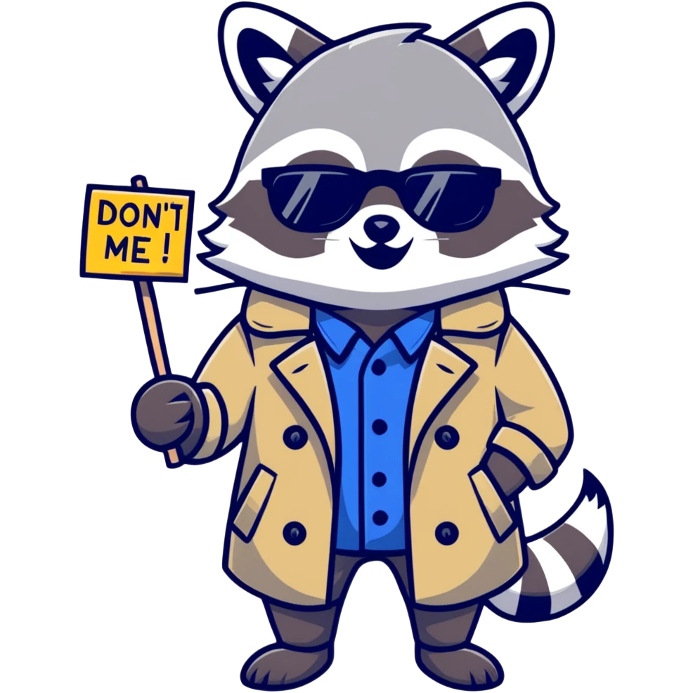 Raccoon in a trench coat and sunglasses holding sign saying “Don’t mind me, I’m here for the recs” emoji