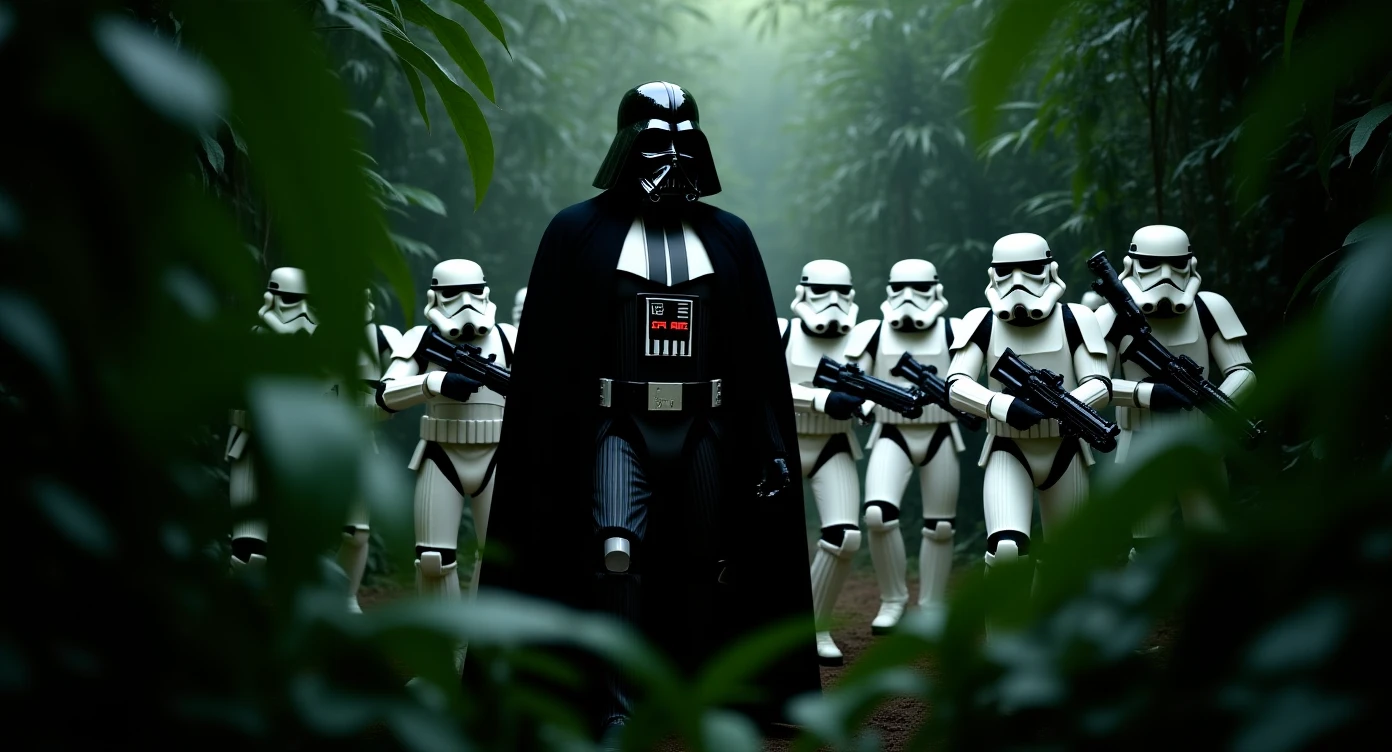 Portrait photo, Closeup shot, amazon jungle,  blurred plants in the foreground (frame within a frame), Darth Vader around stormtroopers coming out from starship on ground, they are exploring the jungle emoji