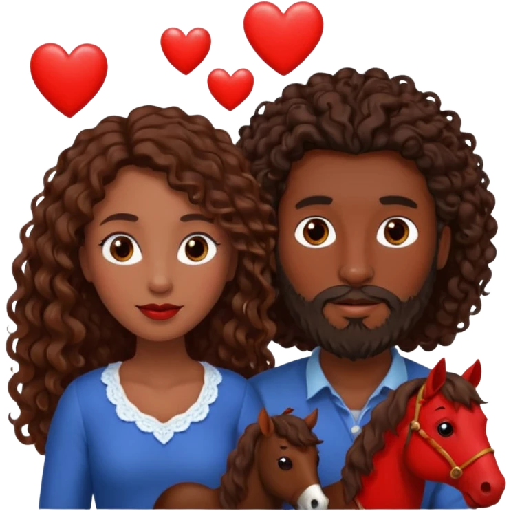 pareja de Mujer morena rizada cabello largo castaño ojos oscuros y hombre piel blanca con caballo oscuro con barba y ojos marron alrededor de la pareja corazones emoji