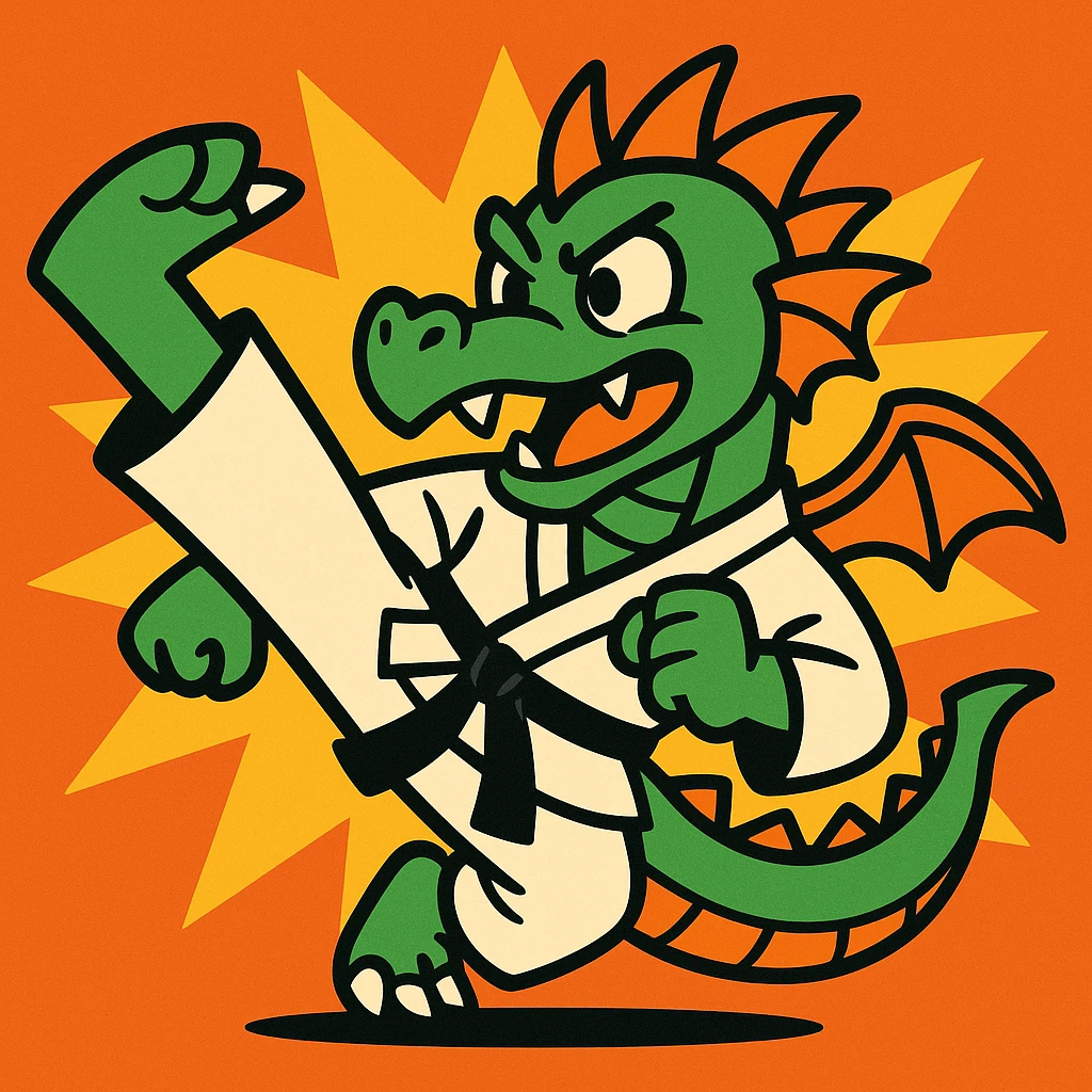 a dragon performing a karate kick, dynamic pose, bold lines, vibrant colors, cartoon style emoji