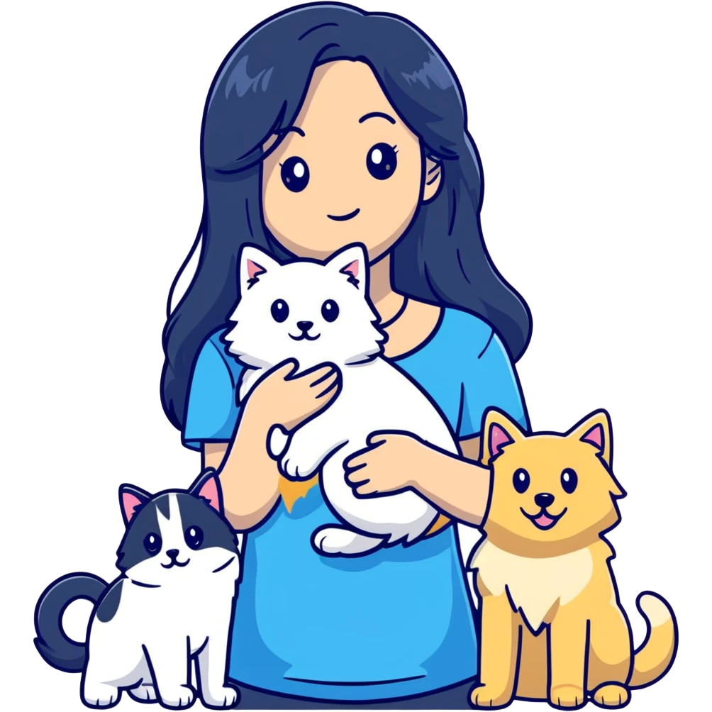 Woman with long black hair holding a blue and white long-haired cat and a golden retriever dog emoji