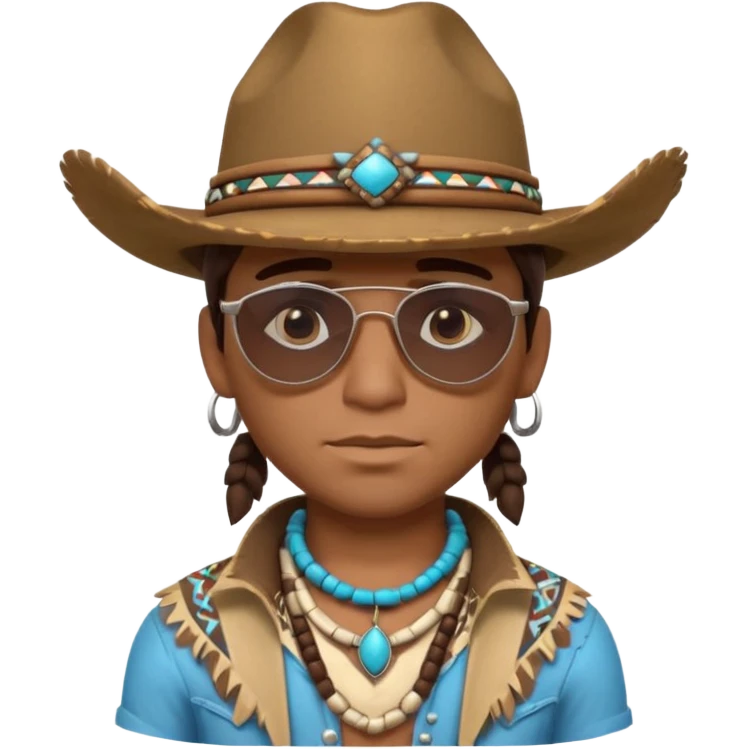 cute Indigenous tribal male portrait, head and shoulders only, cowboy hat, sunglasses, tribal jewelry, confident expression, 3D cartoon, mobile game icon style, clean background, no text, no watermark
 emoji