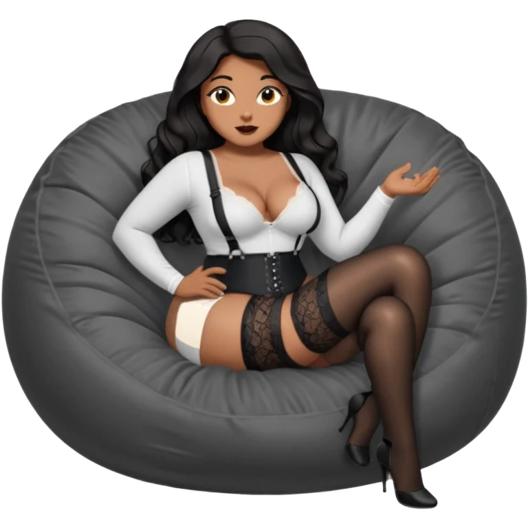 Curvy woman with brown skin with long wavy black hair, dark brown eyes. She's wearing a tight white shirt showing cleavage, black lace thong, black stockings and suspender belt, she's sat on a big dark grey bean bag chair, she has both of her legs wide open emoji