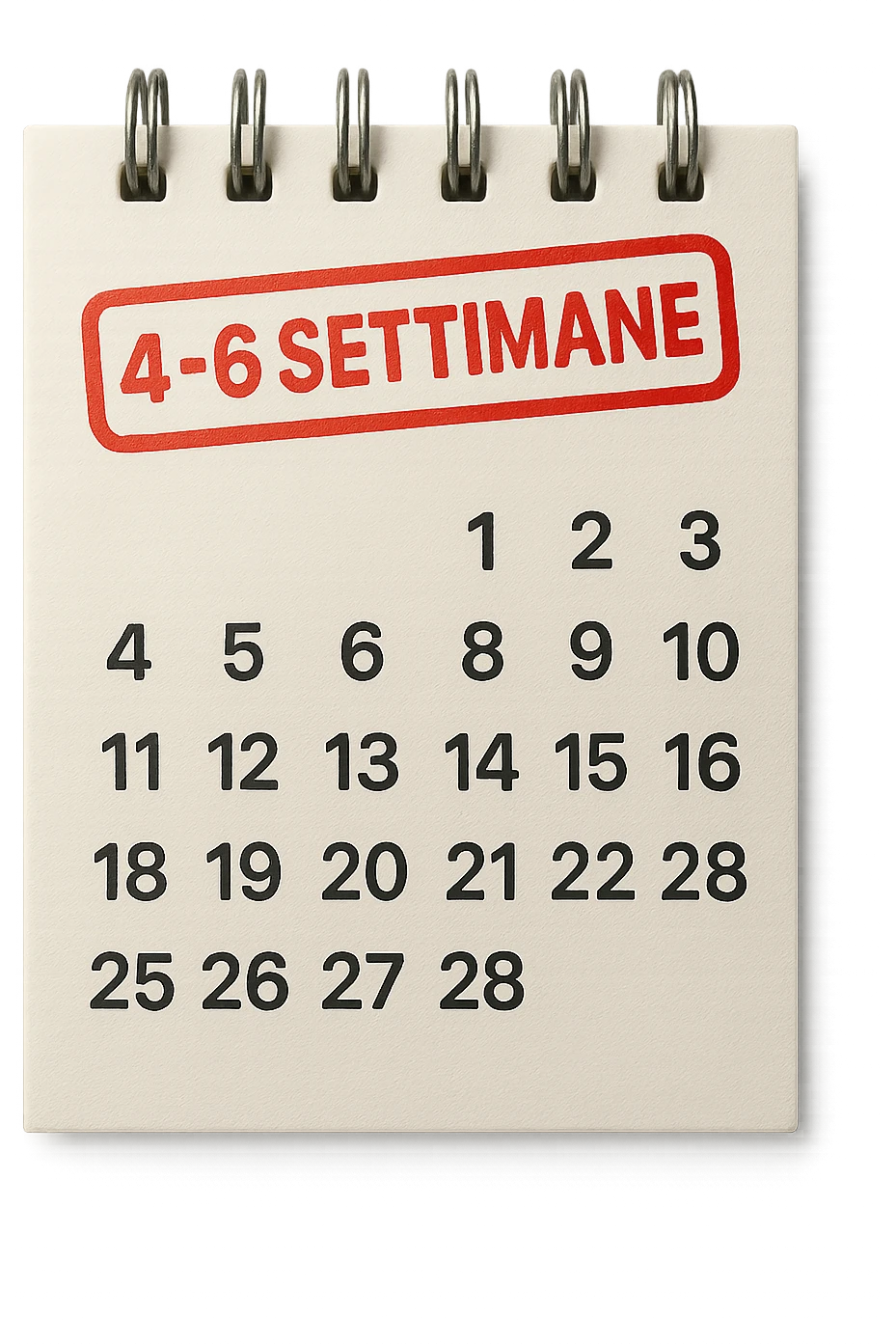 foglio di calendario con le date scritte, con timbro rosso con la scritta "4-6 settimane" sopra, stile emoji iphone, iperrealistico 4k emoji