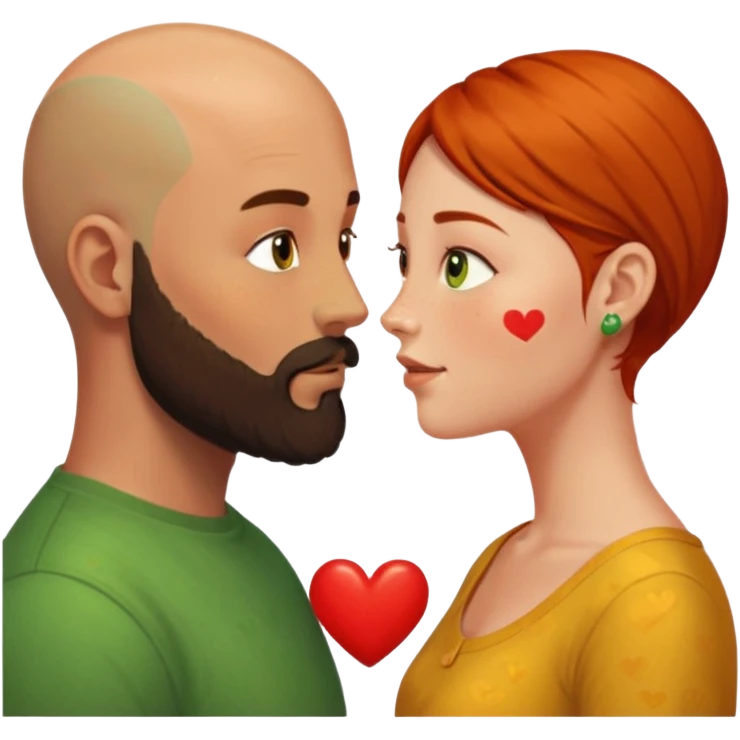 Couple. Bald man with dark brown-black beard. Woman with freckles, white skin and she has orange, auburn-yellow-brown hair. She has light yellow-green-brown eyes. He have hazel eyes. They look at each other. Many small red hearts around them. emoji
