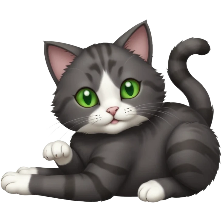 solid dark grey cat with green eyes, white toes/paws and white patch on her chest playfully rolling upside down emoji