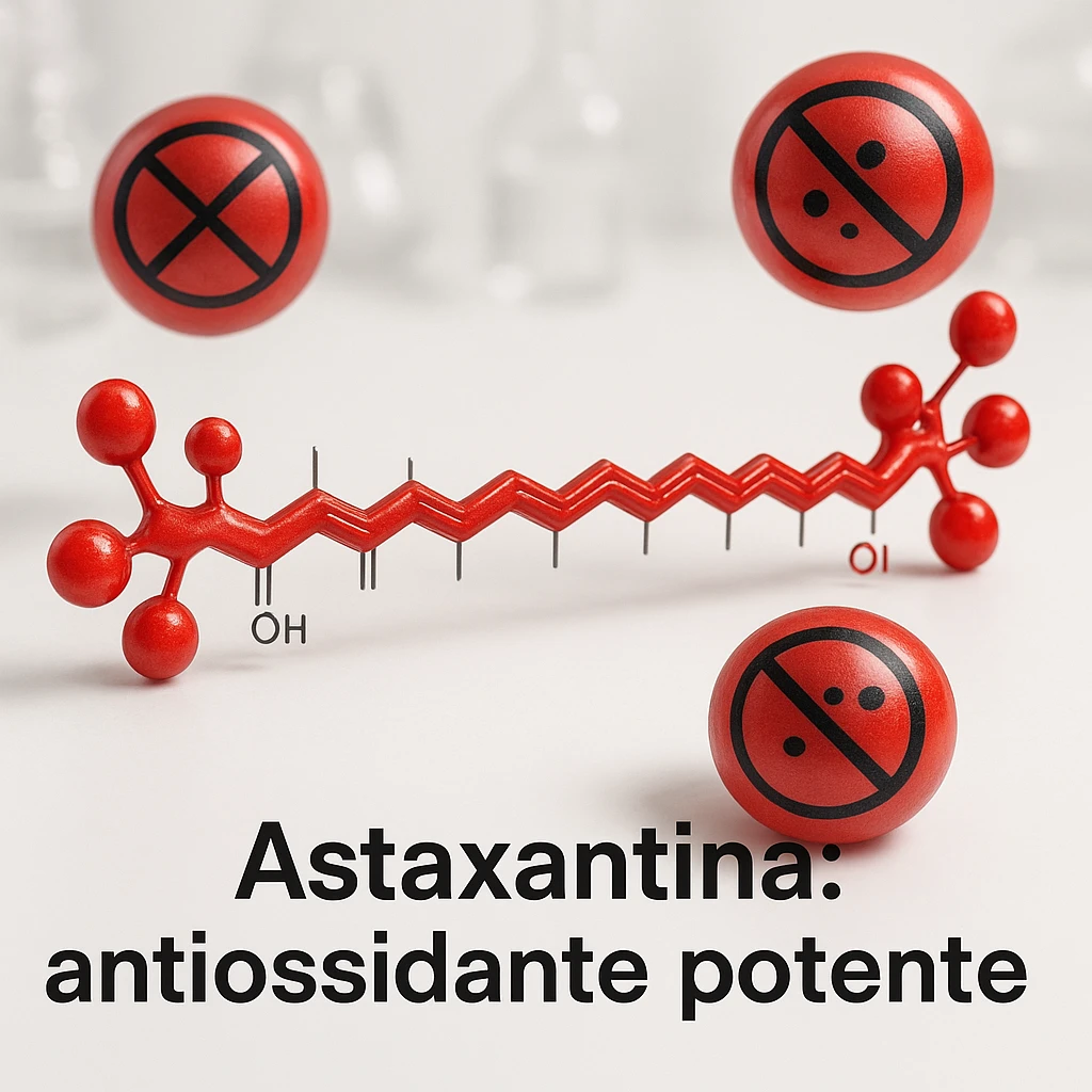 hyper realistic red astaxanthin molecule neutralizing free radicals, blocking radical symbols, scientific atmosphere, white background, text 'Astaxantina: antiossidante potente' emoji