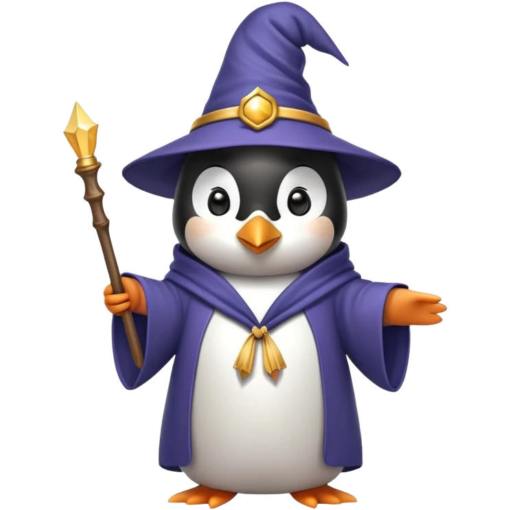 penguin wearing wizard hat and robe holding a magic wand emoji