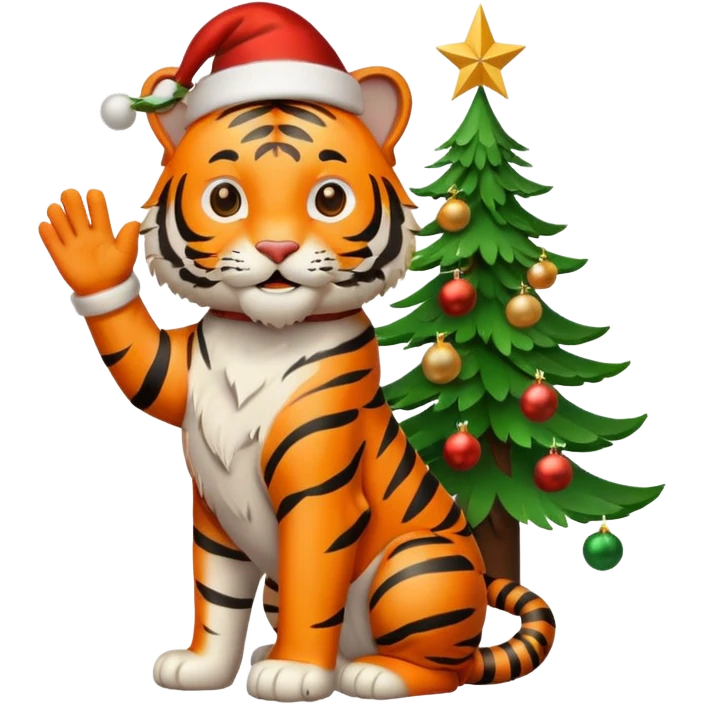 Happy tiger waving by a Christmas tree wearing a Santa hat emoji