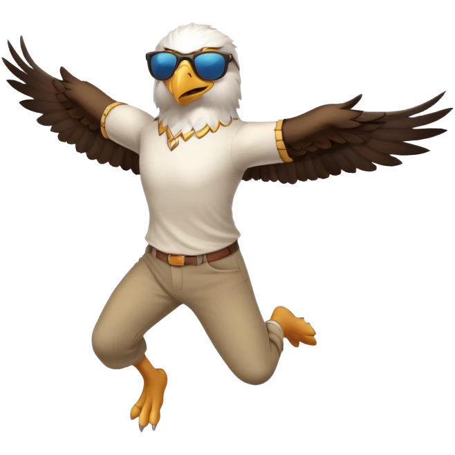friendly anthropomorphised male eagle in a shirt and pants with sunglasses leaping energetic pose emoji