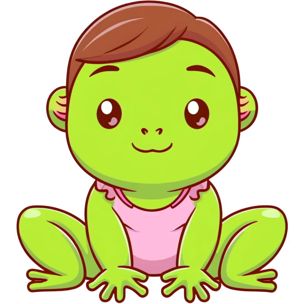 Cute frog in a pink room with the sun shining and a little brunette girl hanging about  emoji